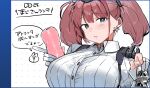  1girl anchor_hair_ornament atlanta_(kancolle) black_eyes black_hat blush border breasts brown_hair collared_shirt commentary_request condom condom_packet_strip condom_wrapper earrings gloves hair_between_eyes hair_ornament hat highres holding huge_breasts jewelry kantai_collection onahole partially_fingerless_gloves sex_toy shirt shishamo_(domado) simple_background solo star_(symbol) star_earrings suspenders translation_request twintails upper_body white_gloves white_shirt 