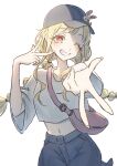  1girl bag baseball_cap blonde_hair blue_shorts cho_kaguya-hime! commentary_request grey_hat gyaru_w hat highres kaguya_(cho_kaguya-hime!) long_hair midriff navel one_eye_closed open_mouth purple_bag red_eyes shade shirt shorts solo twintails w white_shirt yr_uroy 