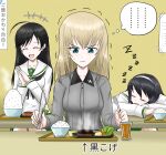  3girls black_collar black_hair black_neckerchief blue_eyes breasts closed_eyes closed_mouth collar commentary_request cross food fork girls_und_panzer glaring grey_hair grey_shirt hairband harukai-i highres holding holding_fork holding_knife indoors iron_cross isuzu_hana itadakimasu itsumi_erika knife kuromorimine_school_uniform large_breasts long_hair long_sleeves looking_at_object multiple_girls neckerchief ooarai_school_uniform open_mouth reizei_mako rice school_uniform serafuku shirt sleeping sleeping_on_desk upper_body white_serafuku white_shirt wing_collar zzz 