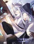  1girl absurdly_long_hair ahoge arm_tattoo black_pantyhose boots bulletin_board chair commentary_request copyright_name dutch_angle fish grey_eyes grey_hair hair_ornament hairclip hakoniwa_tsuka hand_in_own_hair highres indoors lantern long_hair looking_at_viewer pantyhose pixiv_fantasia pixiv_fantasia_scepter_of_zeraldia seti_(pfsoz) sitting smile tattoo very_long_hair white_boots wide_sleeves window zipper 