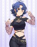  1girl antenna_hair arm_warmers black_nails black_pants black_shirt blue_hair breasts brown_eyes butterfly_necklace card_commentary cleavage cleavage_cutout clothing_cutout commentary_request cowboy_shot cropped_shirt drop_shadow earrings fingernails game_asset gold_earrings gold_necklace hands_up hip-hop_woman_(idolmaster) hoop_earrings idolmaster idolmaster_million_live! idolmaster_million_live!_theater_days jewelry looking_at_viewer multiple_rings nail_polish navel necklace official_alternate_costume official_art one_eye_closed pants ring see-through_cleavage see-through_clothes shirt short_hair short_sleeves shoulder_cutout solo standing third-party_source toyokawa_fuka wavy_hair 