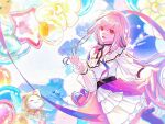  1girl ^_^ ahoge animal balloon belt black_belt black_bow black_choker black_ribbon blue_sky bow bowtie bra_strap bubble cat chinese_commentary choker cloak closed_eyes clothed_animal commentary_request cowboy_shot day ear_covers fenzuan_shougeji flower_balloon frilled_shirt frilled_skirt frilled_sleeves frills hair_bow hair_ribbon happy high_heels highres holding holding_balloon hood hood_up hooded_cloak infinity_nikki leg_up light_particles long_hair long_sidelocks long_sleeves medium_skirt momo_(nikki) nikki_(nikki) nikki_(series) off-shoulder_shirt off_shoulder offering_hand outdoors perfect_start_(infinity_nikki) pink_hair pink_shoes pink_skirt puffy_long_sleeves puffy_sleeves pumps red_bow red_bowtie ribbon see-through_clothes see-through_sleeves shirt shoes sidelocks skirt sky standing star_balloon traditional_bowtie tress_ribbon very_long_hair wavy_hair whiskers white_cat white_shirt white_skirt yellow_cloak 