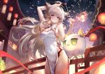  1girl absurdres alternate_costume animal_ears architecture arknights arknights:_endfield bare_shoulders bird_ears bird_girl black_panties blonde_hair blue_eyes blush breasts china_dress chinese_clothes chinese_commentary cleavage cleavage_cutout clothing_cutout commentary_request dragon_bean_(arknights) dress east_asian_architecture fireworks highres holding holding_stick lace-trimmed_panties lace_trim lantern large_breasts long_hair mayoril mixed-language_commentary outdoors panties paper_lantern parted_lips partial_commentary pelvic_curtain perlica_(arknights) sideboob sleeveless sleeveless_dress stick underwear very_long_hair white_dress 