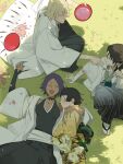  1boy 3girls absurdres alcohol angry arm_on_another's_shoulder black_choker black_dress black_hair black_shirt black_sleeves bleach bleach:_turn_back_the_pendulum blonde_hair blush breasts brown_hair character_request cherry_blossoms choker choko_(cup) clenched_teeth closed_eyes commentary cup dango dark-skinned_female dark_skin dress drunk fang food from_above grass green_kimono hair_between_eyes haori happy highres japanese_clothes kimono kuchiki_byakuya long_hair long_sleeves looking_at_another medium_breasts medium_hair multiple_girls open_mouth outdoors ponytail purple_hair sake sandals shihakusho shihouin_yoruichi shirt short_hair sitting sleeping sleeveless sleeveless_shirt smile sui-feng sweatdrop taichou_haori teeth tobu_(bilibil) urahara_kisuke wagashi white_haori yellow_kimono 