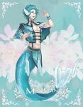  1boy awii blue_background blue_capelet blue_eyes blue_hair capelet english_commentary fins full_body head_fins looking_at_viewer male_focus merfolk merman monster_boy original short_hair solo 