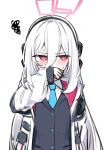  1girl absurdres akasha_(v0id_saga) averting_eyes black_bow black_hairband blazer blue_archive blue_necktie bow bright_pupils collared_shirt commentary_request covering_own_mouth double-parted_bangs dress_shirt embarrassed hair_between_eyes hair_bow hairband halo hand_over_own_mouth hand_up highres jacket kei_(blue_archive) kei_(student)_(blue_archive) long_hair long_hair_between_eyes long_sleeves multi-source_commentary necktie open_clothes open_jacket pink_eyes pink_halo pink_jacket rectangular_halo ringed_eyes shirt sideways_glance simple_background sketch solo squiggle standing sweat two-sided_fabric two-sided_jacket upper_body v-shaped_eyebrows very_long_hair white_background white_hair white_jacket white_pupils white_shirt 