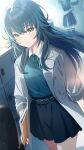  1girl artist_request black_hair book buttons commentary expressionless fashion gakuen_idolmaster glowing green_eyes highres idol idolmaster long_hair official_art shadow shirt skirt staring sunlight third-party_source tsukimura_temari walking wolf_cut 
