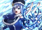  1girl attacking_viewer blue_background blue_capelet blue_dress blue_eyes blue_hair blue_hat breasts capelet commentary dress fairy_tail floating_hair fur-trimmed_capelet fur-trimmed_dress fur-trimmed_headwear fur_trim hair_between_eyes hand_up hat highres hydrokinesis juvia_lockser large_breasts long_hair long_sidelocks looking_at_viewer open_mouth outstretched_arms sidelocks signature solo tkm_mk2 water 
