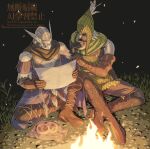 2boys arizuka_(catacombe) armor black_scarf blue_eyes boots breastplate brown_boots brown_gloves brown_pants campfire commentary_request dark-skinned_male dark_skin elden_ring elden_ring_nightreign food gloves grass green_hat green_tunic hat helm helmet highres holding holding_food ironeye_(elden_ring) knight looking_at_map male_focus multiple_boys outdoors pants pauldrons scarf short_hair shoulder_armor sitting steamed_bun thigh_boots tunic watermark white_hair winged_helmet wylder_(elden_ring) 