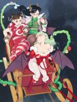  3girls absurdres animal_print antlers bare_shoulders bat_print bat_wings black_hair blush boots bracelet braid breasts brown_eyes brown_hair bun_cover china_dress chinese_clothes christmas christmas_ornaments christmas_sweater chun-li cleavage commentary crossover darkstalkers demon_girl double_bun dress english_commentary fur_trim gift glasses gloves green_eyes green_hair hair_bun hair_ornament head_wings high_heels highres holding horns jewelry justice_gakuen large_breasts leash leotard long_hair looking_at_viewer looking_back low_wings minazuki_kyoko morrigan_aensland multiple_girls norasuko official_art open_mouth pantyhose red_boots red_dress reindeer_antlers shoes short_hair sleigh smile spiked_bracelet spikes street_fighter striped_clothes striped_thighhighs sweater thighhighs udon_entertainment wings 