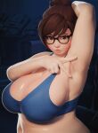  1girl 3d absurdres arm_up armpits black-framed_eyewear blue_background blue_sports_bra breasts brown_eyes brown_hair cleavage closed_mouth commentary english_commentary fugtrup glasses hair_bun highres huge_breasts kupaa looking_at_viewer mei_(overwatch) navel overwatch presenting_own_armpit protected_link single_hair_bun solo sports_bra spread_armpit sweat swept_bangs treadmill upper_body 