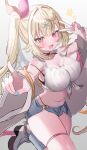  1girl absurdres black_choker blonde_hair blue_eyes blue_shorts blue_socks blush breasts choker cleavage commentary fold-over_boots hair_ornament hair_ribbon heterochromia highleg highleg_panties highres hoshikawa_sara hoshikawa_sara_(1st_costume) jacket kakyoxx large_breasts long_sleeves looking_at_viewer midriff nail_polish navel nijisanji open_mouth panties pink_nails pointing pointing_at_viewer red_eyes ribbon short_shorts shorts side_ponytail simple_background socks solo star_(symbol) star_in_eye symbol_in_eye tank_top thigh_strap thighs underwear v virtual_youtuber white_jacket white_tank_top x_hair_ornament yellow_eyes 