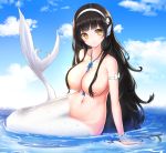  areolae arm_strap bangs black_hair blue_sky bow breasts closed_mouth cloud collarbone day eyebrows_visible_through_hair full_body girls_frontline gukukimu hair_censor hairband head_fins head_tilt highres large_breasts long_hair looking_at_viewer mermaid monster_girl monsterification navel nude outdoors partially_submerged qbz-95_(girls_frontline) shell shell_hair_ornament sitting sky smile solo very_long_hair white_bow white_hairband yellow_eyes 