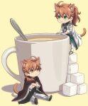  2boys :3 animal_ear_fluff animal_ears blush brown_cloak cat_boy cat_ears cat_tail chaldea_logo chaldea_no_mono chaldea_staff_uniform chibi cloak closed_mouth coat colored_shoe_soles commentary crossed_arms cup dirty dirty_clothes fate/grand_order fate_(series) frown full_body gloves green_coat green_eyes grey_shoes hair_between_eyes hair_over_shoulder haruta_gohan hood hood_down hooded_cloak id_card kemonomimi_mode lanyard long_hair male_focus mini_person mug multicolored_coat multiple_boys orange_hair pants ponytail romani_archaman shoes simple_background sitting standing sugar_cube tail two-tone_coat white_coat white_gloves white_pants yellow_background yellow_eyes 