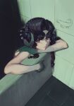 1girl absurdres anjo_nala arm_pillow bare_arms bathtub black_hair commentary_request curled_horns from_above gloves green_gloves grey_horns head_on_arm highres horns in_bathtub indoors low_horns medium_hair moondown_(twtmoondown) parted_bangs purple_eyes reverse:1999 shade solo tile_wall tiles upper_body 