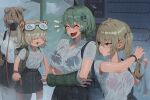  4girls alternate_costume animal_ears black_bra black_horns black_skirt blonde_hair bra bra_visible_through_clothes breasts burnice_white caesar_king_(zenless_zone_zero) cat_ears cat_girl coke-bottle_glasses commentary fake_horns furry furry_female glasses green_hair highres holding holding_leash horns large_breasts laughing leash long_hair luciana_de_montefio mask medium_breasts mouth_mask multiple_girls no_prosthetic_arm pink_bra pulchra_fellini rain red_eyes roro_(tpghksdlzpq) school_uniform see-through_clothes see-through_shirt shirt short_hair skirt twintails underwear wet wet_clothes wet_shirt white_shirt zenless_zone_zero 