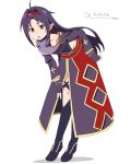  1girl :o ahoge armor artist_name bare_shoulders belt bent_over boots breastplate breasts collared_leotard commentary curtained_hair detached_sleeves fingerless_gloves full_body gloves hairband hand_on_own_hip hand_on_own_knee high_collar highleg highleg_leotard highres hirar1n leotard long_hair long_pointy_ears long_skirt long_sleeves messy_hair neck_ribbon open_mouth pointy_ears purple_armor purple_boots purple_gloves purple_hair purple_leotard purple_skirt purple_sleeves red_belt red_eyes red_hairband red_ribbon ribbon shadow simple_background skirt small_breasts solo split_mouth standing sword_art_online thigh_boots tiptoes twitter_username very_long_hair watermark white_background yellow_trim yuuki_(sao) 