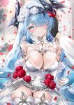  1girl 1other absurdres arm_support armor bare_shoulders between_breasts black_gloves blue_eyes blue_hair blunt_bangs blush braid breasts bridal_veil cameltoe cleavage cleavage_cutout clothing_cutout collarbone commentary_request day detached_sleeves dress dress_flower duet_night_abyss eyes_visible_through_hair falling_petals flower gloves groin hair_between_eyes hair_flower hair_ornament hair_over_one_eye hand_on_another's_face head_tilt highres horns indoors lace-trimmed_dress lace-trimmed_veil lace_trim large_breasts light_particles long_hair long_sleeves looking_at_viewer official_alternate_costume out_of_frame panties parted_lips petals rebecca_(duet_night_abyss) red_petals see-through_clothes see-through_veil silver_jewelry smile thighhighs thighs underwear veil very_long_hair wedding_dress white_dress white_flower white_panties white_thighhighs yukineko1018 