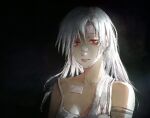  1girl absurdres ariane_yeong bandaged_chest bandaid bandaid_on_cheek bandaid_on_face bandaid_on_forehead bandaid_on_nose bare_shoulders black_background collarbone commentary english_commentary highres long_hair looking_at_viewer parted_lips portrait red_eyes renko_040 ringed_eyes signalis solo spaghetti_strap too_many_bandaids white_hair 