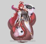  1girl bare_shoulders black_scrunchie bracelet breasts capelet commentary copyright_notice covered_navel english_commentary fangs fire_emblem fire_emblem_heroes full_body grey_background grey_leotard hair_ornament hair_scrunchie hand_to_own_mouth hip_armor holding holding_stuffed_toy holding_with_tail jewelry jormungandr_(fire_emblem) lamia large_breasts leotard long_hair looking_at_viewer monster_girl official_art open_mouth panties pelvic_curtain prehensile_tail red_hair red_ribbon red_scales ribbon scales scrunchie slit_pupils solo stuffed_animal stuffed_sheep stuffed_toy tail taut_clothes thong thong_panties topknot underwear very_long_hair white_capelet yellow_eyes yoshiku_(oden-usagi) 