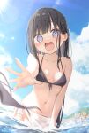  3girls :d @_@ bikini bikini_top_only black_bikini black_hair blue_sky blush breasts cloud collarbone commentary_request day front-tie_bikini_top front-tie_top highres long_hair looking_at_viewer multiple_girls navel ocean open_mouth original outdoors purple_eyes seboneko sky small_breasts smile solo_focus swimsuit wading wardrobe_malfunction 