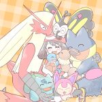  1girl bandana beautifly blaziken blush bow brown_hair bulbasaur closed_eyes commentary_request eevee happy highres hug ki_(6zxopyd3r) may_(pokemon) munchlax open_mouth orange_bow pokemon pokemon_(anime) pokemon_(creature) pokemon_the_series:_ruby_and_sapphire red_bandana skitty squirtle 