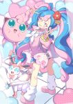  1girl absurdres blue_eyes blue_hair blue_skirt blush bow breasts choker commentary_request double_v earrings fairy_miku_(project_voltage) flower hair_flower hair_ornament hatsune_miku heart heart_choker highres jewelry jigglypuff keshikasu9 long_hair long_sleeves looking_at_viewer loose_socks multicolored_hair nail_polish neckerchief open_mouth pink_choker pink_hair pink_nails pink_shoes pink_sweater pokemon pokemon_(creature) project_voltage red_flower ribbon scrunchie shoes skirt small_breasts smile socks sweater sylveon twintails two-tone_hair v very_long_hair vocaloid white_neckerchief wrist_scrunchie yellow_flower yellow_scrunchie 