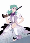  1girl aqua_hair beta_(inazuma_eleven) bloomers blue_gem bow bowtie breasts brooch double_bun dress frilled_bloomers frilled_dress frilled_socks frills gem gguck grin gun hair_bun hand_on_own_hip highres holding holding_gun holding_weapon inazuma_eleven_(series) inazuma_eleven_cross inazuma_eleven_go inazuma_eleven_go_chrono_stone jewelry long_hair medium_breasts official_alternate_costume open_mouth over_shoulder petticoat puffy_short_sleeves puffy_sleeves purple_bow purple_bowtie purple_dress purple_eyes purple_shoes shoes short_sleeves shotgun smile socks solo weapon weapon_over_shoulder white_background white_bloomers white_socks 