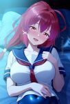  1girl blush breasts collarbone commentary_request dorachan_r hand_on_own_chest hand_on_own_stomach high_ponytail highres i-168_(kancolle) kantai_collection looking_at_viewer lying on_back on_bed open_mouth ponytail red_eyes red_hair sailor sailor_collar school_uniform serasuku solo 