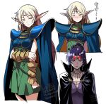  1990s_(style) 2girls armor batta_16-sei black_cape blonde_hair blue_cape blush breastplate breasts cape cleavage commentary_request deedlit dress elf green_dress green_eyes highres karla_(lodoss) large_breasts long_hair long_pointy_ears multiple_girls multiple_views pointy_ears purple_eyes purple_hair record_of_lodoss_war retro_artstyle shoulder_armor simple_background traditional_elf very_long_hair white_background 