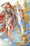  2girls aglaea_(honkai:_star_rail) ancient_greek_clothes arm_armor arm_up armor augusta_(wuthering_waves) barefoot blonde_hair breastplate breasts commentary crossover dress earrings feet greco-roman_clothes green_eyes hand_up headgear highres hitpig honkai:_star_rail honkai_(series) jewelry knee_up large_breasts laurel_crown long_hair looking_at_viewer lying multiple_girls on_back open_mouth orange_eyes orange_hair smile sun_earrings tacet_mark_(wuthering_waves) thighs toes white_dress wuthering_waves 