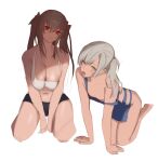  2girls absurdres all_fours alternate_hair_color black_shorts blue_overalls breasts brown_hair cleavage commentary flat_chest frown girls'_frontline girls'_frontline_2:_exilium grey_hair highres large_breasts lenna_(girls'_frontline_2) leva_(girls'_frontline_2) long_hair lsv0920 multiple_girls naked_overalls navel overalls red_eyes scar scar_across_eye scar_on_face shorts siblings simple_background sisters sketch tongue tongue_out twintails ump45_(girls'_frontline) ump9_(girls'_frontline) untranslatable_commentary white_background yellow_eyes 