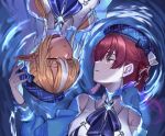  2girls afloat beret blonde_hair blue_bow blue_hat blue_journey_(hololive) bow bowtie bracelet brooch closed_eyes collared_shirt commentary cool_colors dark-skinned_female dark_elf dark_skin detached_sleeves elf english_commentary fanged_bangs hair_ribbon hand_on_another's_head hat hololive houshou_marine jewelry long_hair long_sleeves looking_at_another multicolored_hair multiple_girls official_alternate_costume open_mouth parted_bangs parted_lips plaid_hat pointy_ears red_eyes red_hair red_ribbon ribbon ripples shino_12a shiranui_flare shirt short_hair side_part sidelocks sleeveless sleeveless_shirt sparkle streaked_hair swept_bangs tearing_up turning_head twintails two_side_up upper_body virtual_youtuber white_shirt white_sleeves white_streaks white_trim 