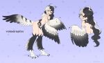  1girl absurdres animal_ears back bird_ears bird_legs black_feathers black_hair breasts commentary digitigrade dinosaur_girl dinosaur_tail english_commentary feathers grin hair_over_one_eye harpy highres long_hair looking_at_viewer medium_breasts messy_hair monster_girl multicolored_hair multiple_views navel nipples nude open_mouth original purple_background sharp_teeth slit_pupils smile tail talons teeth twitter_username two-tone_hair two-tone_wings unreal_fish very_long_hair white_feathers white_hair yellow_eyes 