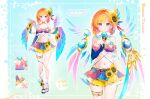  1girl bare_shoulders blue_eyes breasts closed_mouth collar commentary crop_top detached_sleeves disco_ball english_commentary feathered_wings flower frilled_shirt frills full_body gold_trim gradient_clothes gradient_hair gradient_skirt halterneck highres hinaree_kannari holding holding_microphone jewelry kagefumi large_breasts looking_at_viewer lumina_project microphone midriff miniskirt multicolored_hair multicolored_shirt multicolored_skirt multiple_views navel official_art orange_hair pleated_skirt sandals shirt short_hair single_detached_sleeve skirt smile spaghetti_strap stomach sunflower thighlet thighs virtual_youtuber wings yellow_skirt 