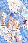  1boy 1girl absurdres age_regression aged_down back-to-back blue_eyes blue_flower blue_hair blue_petals boots brown_boots capelet carrying cloak commentary dress earrings elf falling_petals field flower flower_field frieren gold_trim green_eyes grey_cloak grey_hair highres himmel_(sousou_no_frieren) holding holding_hands jewelry kneeling long_hair long_sleeves parted_bangs petals pointy_ears ring running shirt short_hair shoulder_carry sousou_no_frieren standing teardrop_earrings twintails white_capelet white_hair yubuki_i 