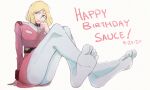  1girl blonde_hair collared_dress collared_jacket commentary dated dress english_commentary feet foot_focus grin gundam happy_birthday highres jacket looking_to_the_side medium_hair mobile_suit_gundam no_shoes pantyhose pink_dress pink_jacket sauceelf sayla_mass sitting smile solo white_pantyhose 