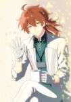  1boy ahoge chaldea_logo chaldea_staff_uniform closed_mouth coat commentary_request crossed_legs cup fate/grand_order fate_(series) gloves green_eyes hair_between_eyes haruta_gohan head_tilt highres holding holding_cup id_card lanyard long_hair looking_at_viewer male_focus mug multicolored_coat orange_hair romani_archaman sitting smile solo translated two-tone_coat waving white_coat white_gloves 
