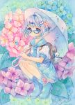  1girl absurdres amu_(m_aa) artist_name blue-framed_eyewear blue_eyes blue_necktie blue_sailor_collar blue_skirt boots closed_mouth collarbone dated dot_mouth dot_nose flower glasses hair_bun hair_flower hair_ornament hair_ribbon hairclip highres holding holding_umbrella hydrangea looking_at_viewer necktie original painting_(medium) pleated_skirt puffy_short_sleeves puffy_sleeves rain ribbon rubber_boots sailor_collar school_uniform serafuku shirt short_sleeves sidelocks signature skirt solo squatting teruterubouzu thighs traditional_media umbrella water_drop watercolor_(medium) white_hair white_shirt 