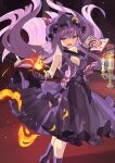  1girl adapted_costume alternate_eye_color book boots breasts candle cleavage commentary_request crescent crescent_hat_ornament dress falken_(yutozin) fang gloves hat hat_ornament highres holding holding_book lace-up_boots large_breasts long_hair looking_at_viewer magic mob_cap open_book open_mouth patchouli_knowledge purple_boots purple_dress purple_gloves purple_hair purple_hat red_eyes revision sidelocks skin_fang sleeveless sleeveless_dress solo touhou vampire 