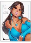  1girl artist_name bare_shoulders blue_gem blue_shirt border bracelet breasts brown_eyes brown_hair cleavage collarbone commentary commentary_request dark-skinned_female dark_skin earrings english_commentary english_text gem head_tilt jewelry large_breasts lips long_hair long_sleeves looking_at_viewer necklace off-shoulder_shirt off_shoulder omar_dogan original parted_bangs parted_lips pink_lips protected_link shirt signature silver_bracelet simple_background sitting solo white_background white_border 