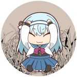  1girl :3 arms_up assault_lily black_ribbon black_socks blue_hair blue_hairband blue_sailor_collar blue_skirt border bow bowtie brown_background chibi chibi_only closed_eyes closed_mouth commentary_request facing_viewer floral_background full_body grass hairband hands_on_own_head herensuge_girls_academy_school_uniform long_hair long_sleeves lowres masaki_itsuki miniskirt monochrome_background multicolored_hairband neck_ribbon no_shoes pink_bow pink_bowtie pleated_skirt ribbon round_border sailor_collar school_uniform serafuku shirt sitting skirt smile socks solo transparent_border tsuboi_nanaho two-tone_hairband v-shaped_eyebrows white_hairband white_ribbon white_shirt 