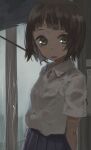 1girl arms_behind_back blue_skirt blush breasts brown_hair bus_stop_shelter collared_shirt green_eyes mitu124521821 original parted_lips rain school_uniform shirt shirt_tucked_in short_hair short_sleeves skirt small_breasts wet wet_clothes wet_shirt white_shirt 
