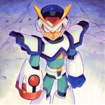  1boy android arm_cannon armor arms_at_sides blue_eyes clenched_hand closed_mouth commentary cowboy_shot crack cracked_floor english_commentary first_armor_x_(mega_man) forehead_jewel helmet highres looking_at_viewer male_focus mega_man_(series) mega_man_x1 mega_man_x_(series) nuri_durr pauldrons serious shoulder_armor solo standing weapon x_(mega_man) 
