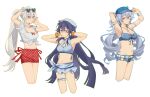  3girls armpits baseball_cap beret bikini bikini_skirt blue_bikini blue_eyes blue_skirt breasts bronya_zaychik bronya_zaychik_(silverwing:_n-ex) bronya_zaychik_(summer_2026) cleavage commentary cropped_legs denim denim_bikini denim_shorts drill_hair earrings eyewear_on_head frilled_thigh_strap grey_eyes grey_hair hat heart heart-shaped_eyewear heart_necklace highres honkai_(series) honkai_impact_3rd jewelry kiana_kaslana kiana_kaslana_(ba-dum!_fiery_wishing_star) kiana_kaslana_(summer_2026) large_breasts long_hair looking_at_viewer medium_breasts micro_shorts midriff miniskirt multiple_girls navel necklace official_alternate_costume polka_dot polka_dot_skirt purple_eyes purple_hair raiden_mei raiden_mei_(summer_2026) raiden_mei_(xentinel:_dawnbearing_crescent) red_skirt rena_(rrena) scrunchie shirt shorts simple_background skirt stomach sunglasses swimsuit thigh_strap thighs very_long_hair white_background white_hair white_shirt wrist_scrunchie 
