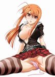  blush breasts cleavage glasses hasegawa_chisame jpeg_artifacts large_breasts mahou_sensei_negima! mutou_keiji open_clothes open_shirt shirt solo spread_legs striped striped_legwear thighhighs 