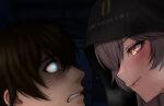  1boy 1girl art_undertaker assertive_female black_groza_(girls'_frontline_2) black_veil blue_eyes blush brown_hair clenched_teeth close-up commander_(girls'_frontline) commentary english_commentary girls'_frontline girls'_frontline_2:_exilium hetero indoors looking_at_viewer nervous orange_eyes ots-14_(girls'_frontline) scared seductive_smile shaded_face smile staring teeth veil yellow_eyes 