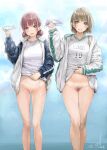  2girls ao_no_hako black_pubic_hair blue_jacket blush bottomless breasts brown_eyes brown_hair chouno_hina commentary_request covered_nipples double_bun female_pubic_hair grin hair_bun holding holding_panties holding_underwear holding_unworn_clothes ishikei jacket kano_chinatsu long_sleeves looking_at_viewer medium_hair multiple_girls open_clothes open_jacket open_mouth panties pink_eyes pink_hair pubic_hair purple_panties pussy shirt signature smile thighs track_jacket underwear unworn_panties white_jacket white_panties white_shirt 