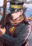  1boy arisaka black_hat blue_coat bolt_action closed_mouth coat commentary_request floating_scarf golden_kamuy gun hat highres holding holding_gun holding_weapon itobi24 kepi looking_at_viewer male_focus military_hat military_uniform peaked_cap red_vest rifle scar scar_on_face scar_on_mouth scarf shirt simple_background solo standing star_(symbol) sugimoto_saichi upper_body vest weapon yellow_eyes yellow_scarf yellow_shirt 