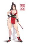  1girl arm_guards bare_shoulders breasts brown_eyes brown_hair commentary_request fatal_fury fingerless_gloves folded_fan folding_fan full_body gloves hand_fan high_ponytail highres holding kkzk61539201 large_breasts long_hair looking_at_viewer ninja pelvic_curtain ponytail revealing_clothes rope shiranui_mai simple_background smile solo the_king_of_fighters thighs white_background wrist_guards 